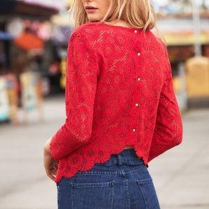 NWOT Sezane Colette Red Lace Scalloped Hem Button Back Blouse US 4